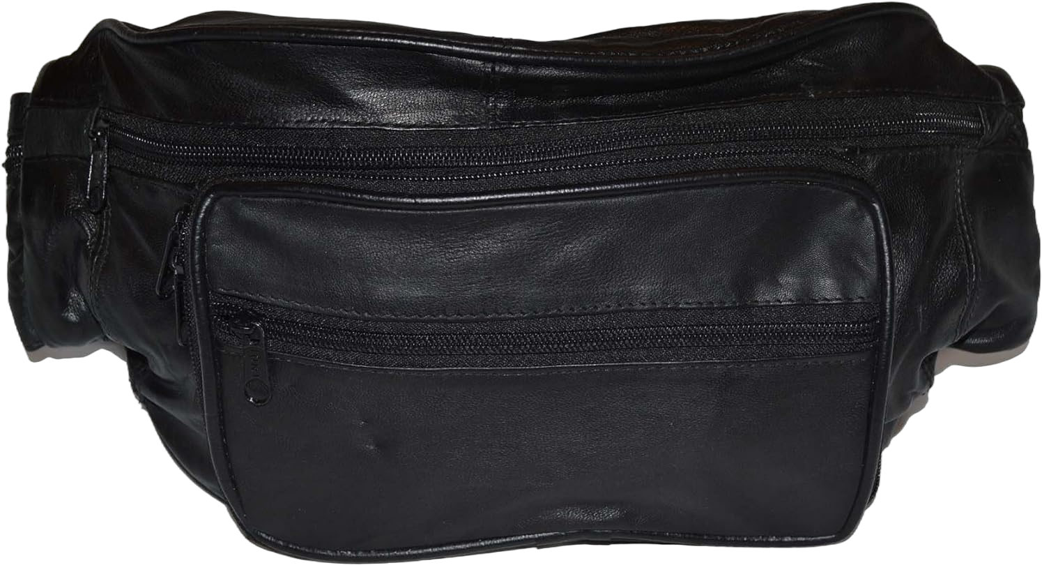 leatherboss Genuine Leather Travel Large Fanny Pack Waist Belt Bag Pouch with 6 Pockets for men women, Black