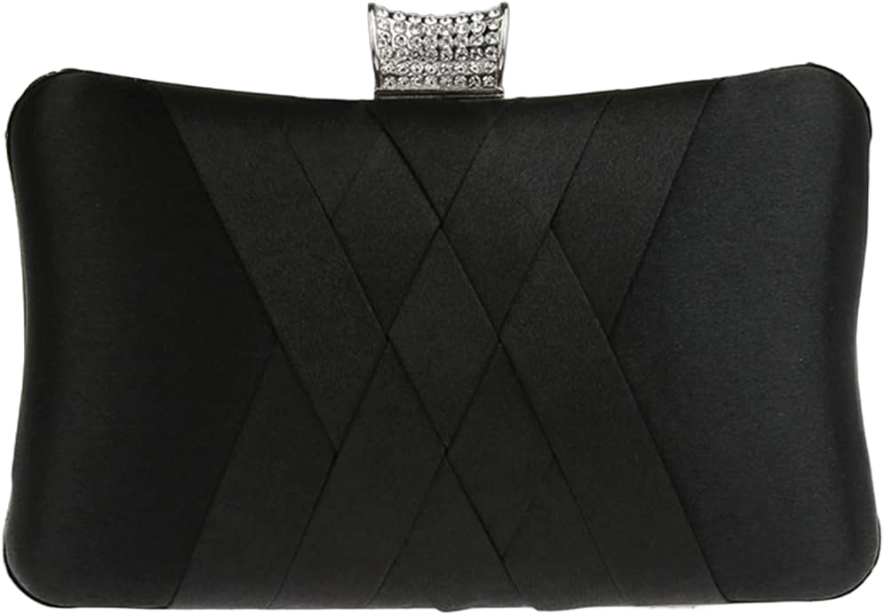 Women Satin Silk Rhinestone Purse Cross-hatching Pattern Clutch for Evening Cocktail Party Black