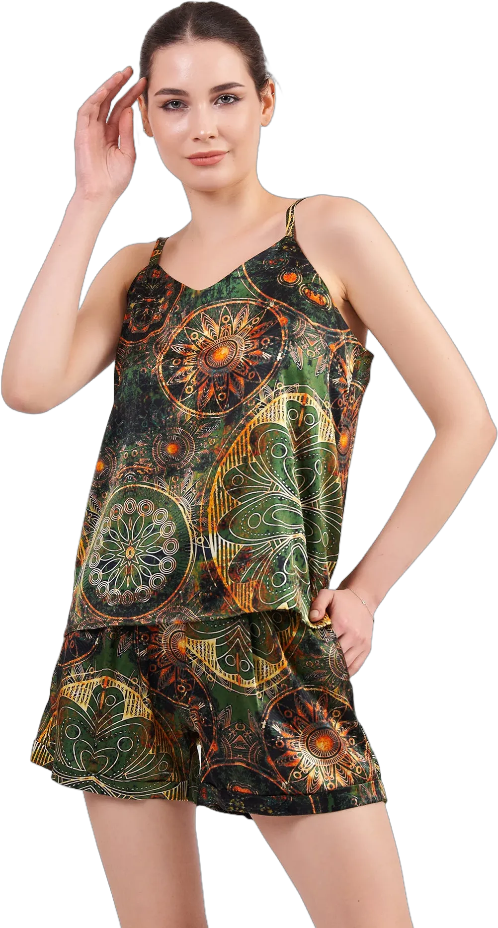 Pure Silk Pajama Set Blouse and Shorts | Soft Sleepwear Lounge Set- Sleeping Pyjamas for Women | Mandala Pattern Khaki Green | Night Dress