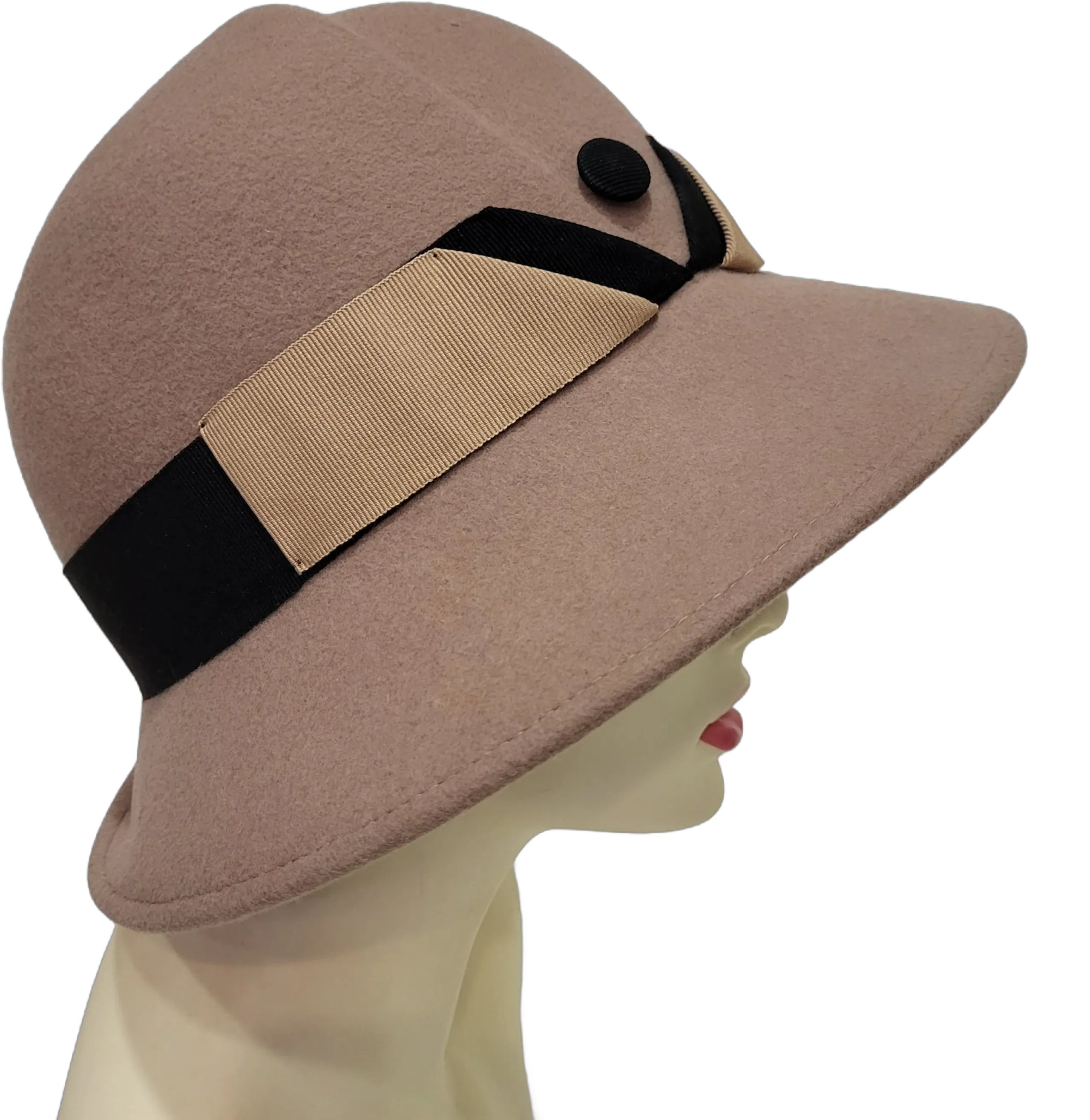 Retro beige camel and black hat in molded wool, city - wedding - ceremony, 100% wool