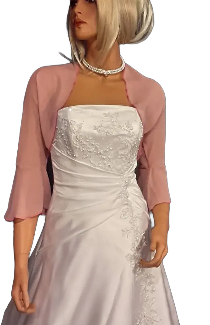 Chiffon bolero jacket 3/4 bell sleeve shrug prom wrap bridal sheer cover up CBA216 AVL IN rose pink and 11 other colors. Small - Plus size!