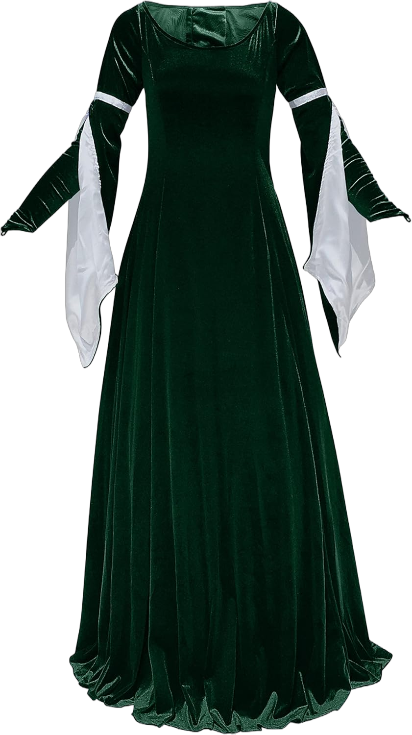 Women's Medieval Velvet Dress | Renfaire, Renaissance Gown Halloween Costume Floor Length with Satin Lined Arm Tippets 3X Green