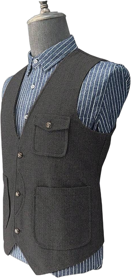 Vintage Men's Herringbone Wool Tweed Suit Vest Lapel V-Neck Single Breasted Waistcoat