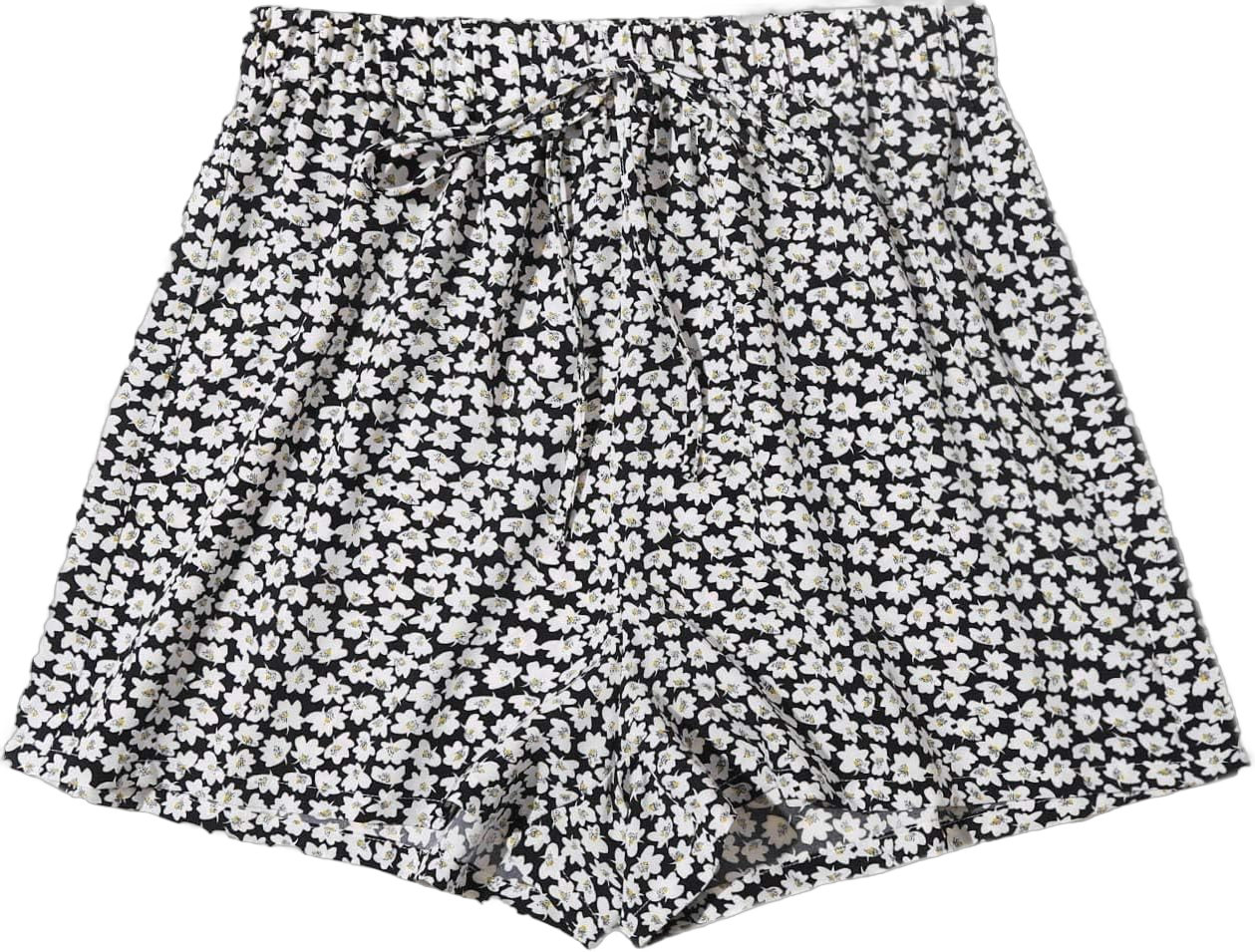 Floerns Women's Floral Print Tie Bow High Waisted Elastic Beach Shorts Large Black and White