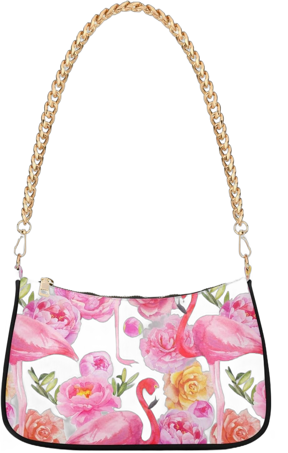 Women Chain Shoulder Purse Bag With Zipper Watercolor Pastel Pink Flamingos Print, Roses Peonies Flowers Hobo Tote Clutch Handbags with Chain Strap