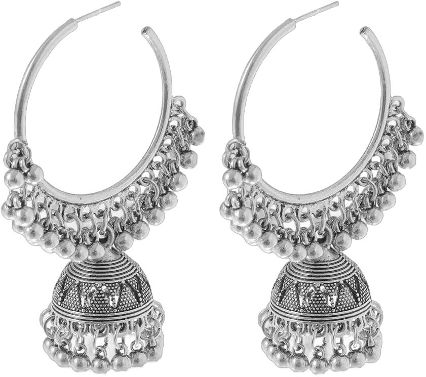 Dangle Retro Indian Jhumki Bell Huggie Hoop Statement Earrings Bollywood Oxidized Traditional Jhumka Style Drop Big Open Hoops Earring Boho Jewelry Gift for Women Bff Silver