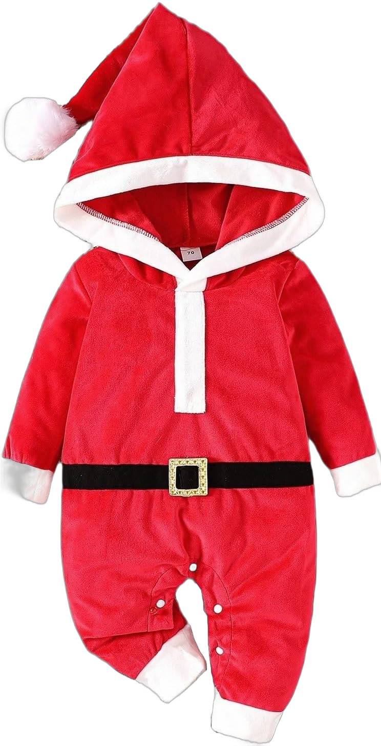 Baby's 𝐌rs 𝐂laus Costume Set Newborn Infant Boy Girl Christmas Hooded Jumpsuit Long Sleeve Belt Waist Romper Suit Red 6-12 Months