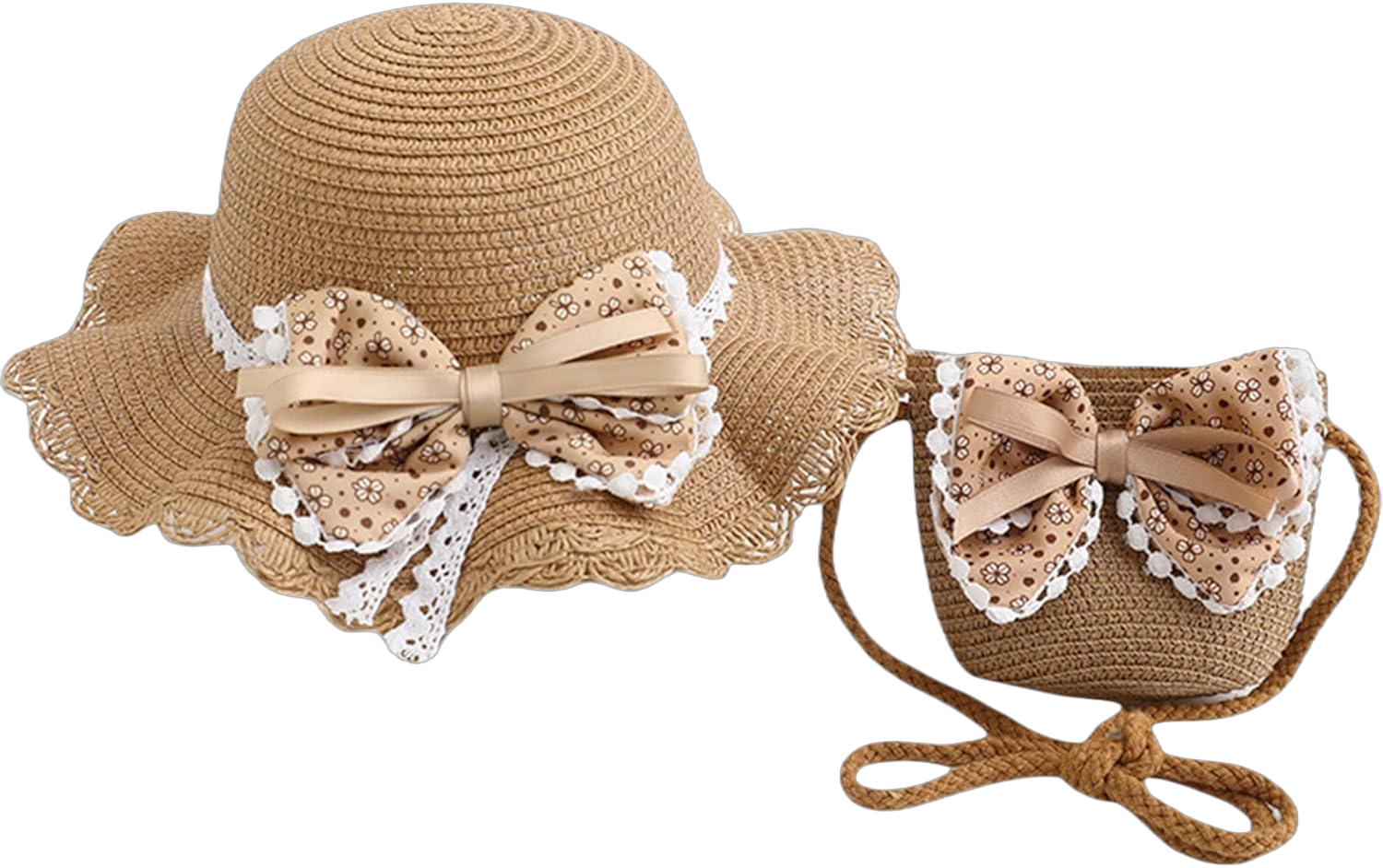 Beach Hats for Toddler Girls Straw Hat with Shoulder Bag Kids Bow Hats Set Little Girl Sun Hat 2-7 Years A-khaki