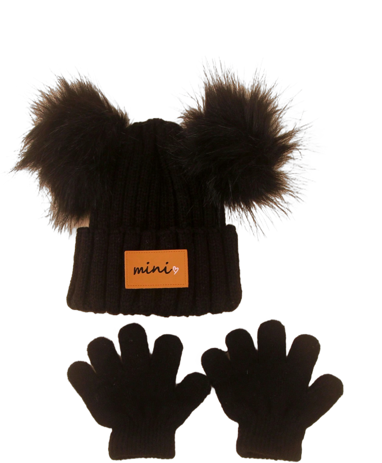 2pcs/Set Baby Kids Double Pom Pom Knitted Hat And Gloves Warm Suit With Leather Label, Unisex Daily Wear