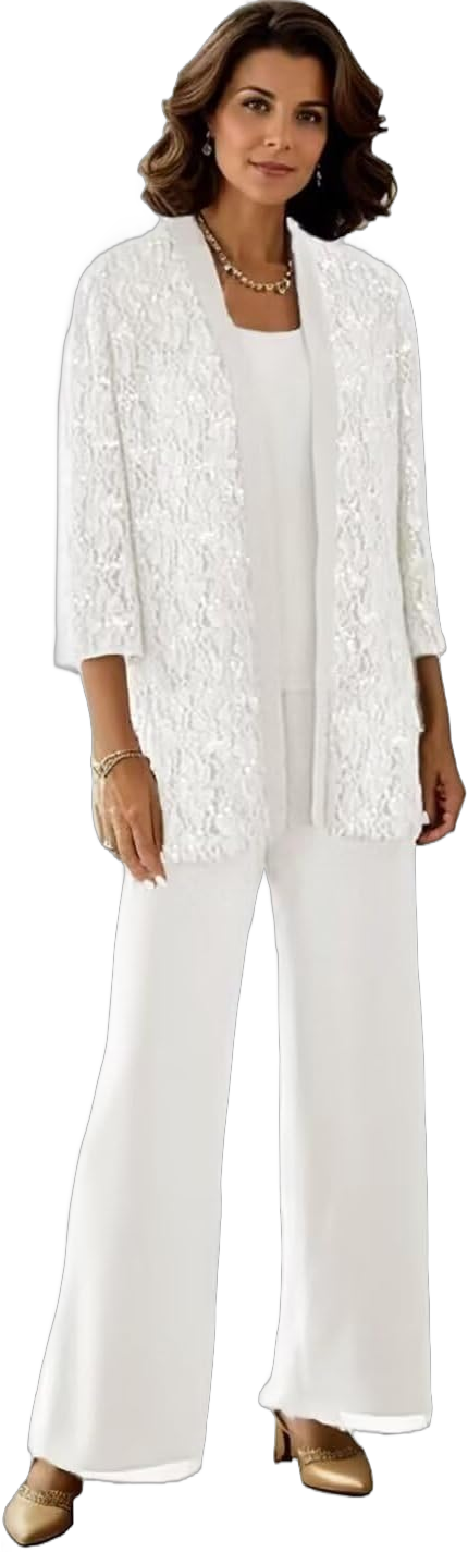 3 Pieces Mother of The Bride Pant Suits with Jacket Long Sleeve Lace Chiffon Outfit for Women MM0134 26 Ivory