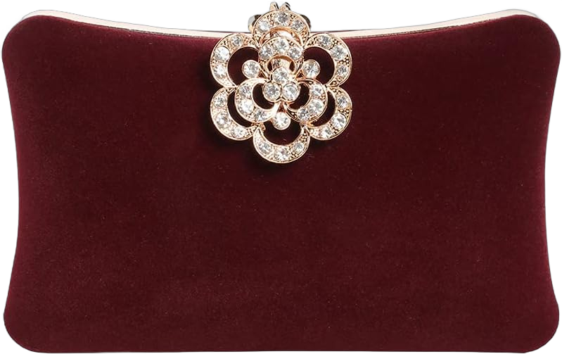 Velvet Evening Bags For Women With Flower Closure Rhinestone Crystal Embellished Clutch Purse For Party Wedding Burgundy