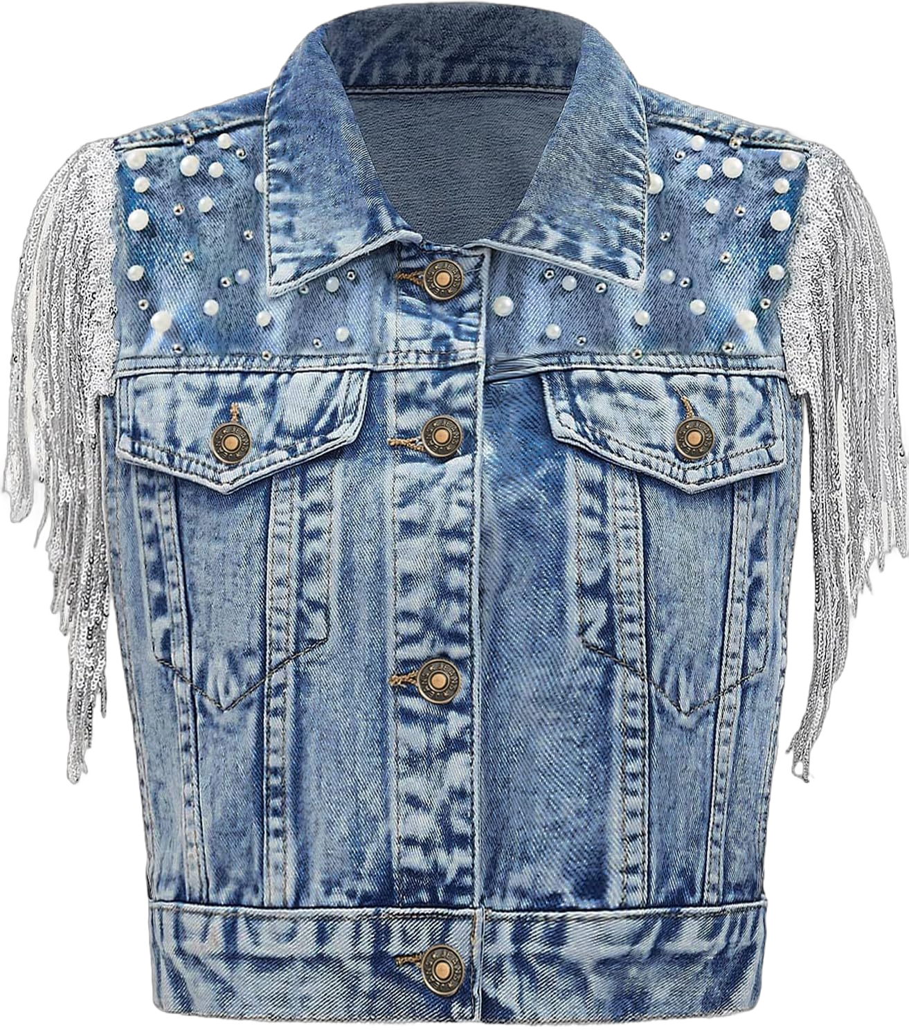 Women's Pearls Beading Denim Vest Sleeveless Sequin Fringe Jean Vest Casual Vintage Crop Top Vest X-Large Dark Blue