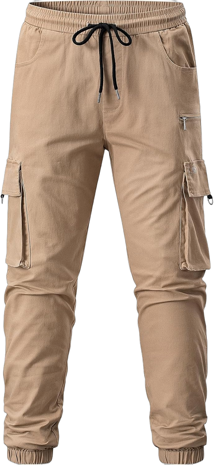 JMIERR Men's Cargo Pants Drawstring Stretch Waist Waist Twill Joggers Trousers with Zipper Pockets Small Light French Beige