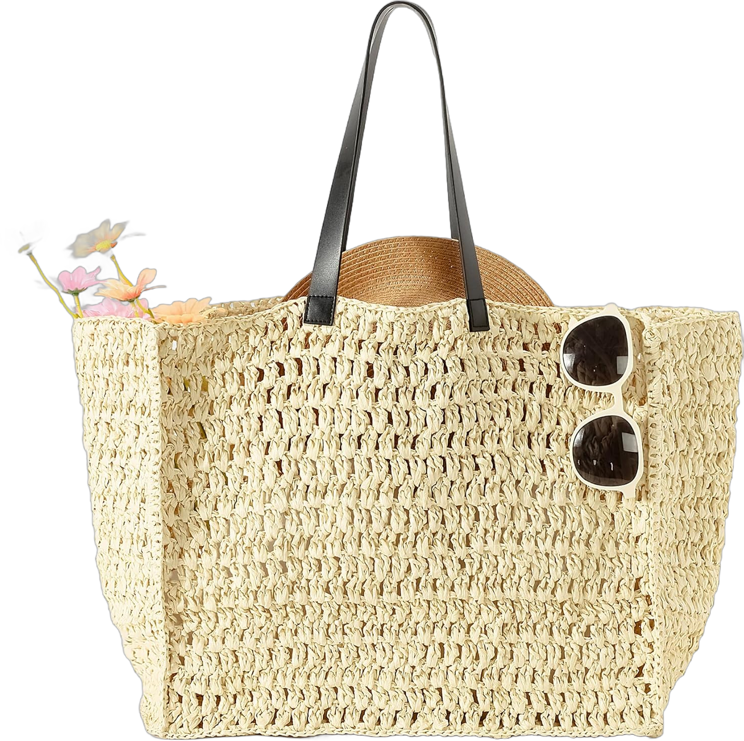 Herald Large Handmade Straw Tote Handbag for Women, Summer Beach Weaving Chic Woven Shoulder Purse Bags for Travel Vacation Beige