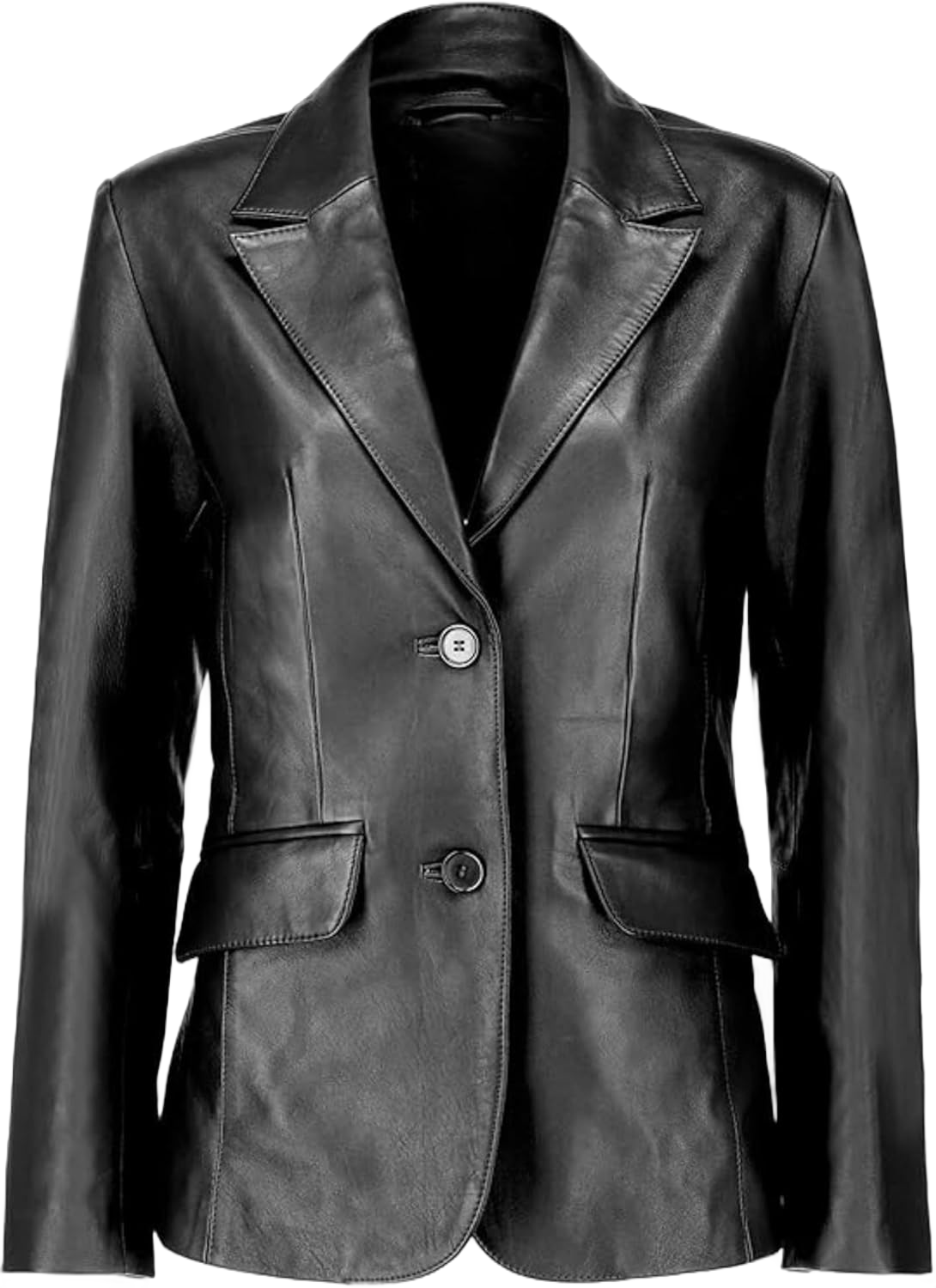 Women's Classic 2-Button Genuine Lambskin Leather Blazer Women - Casual Coat Long Sleeves Suit Style Leather Jacket 3X-Large Black