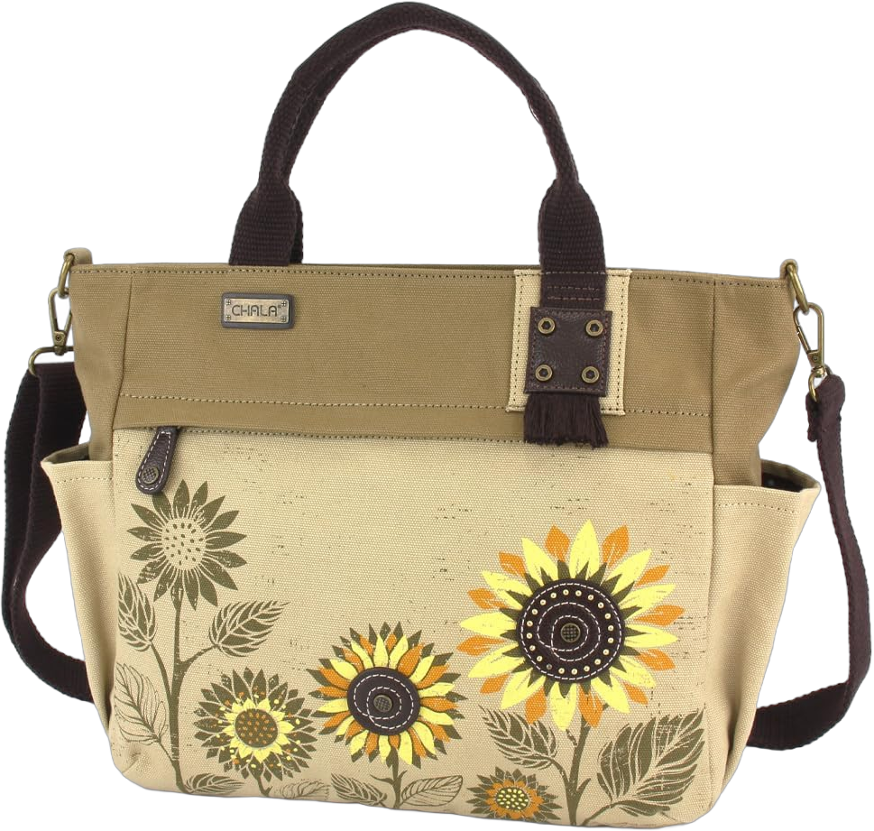 CHALA Canvas Print Pocket Tote Women Canvas Tote Bag/Shoulder Purse with Detachable Crossbody Strap Sunflower - Sand