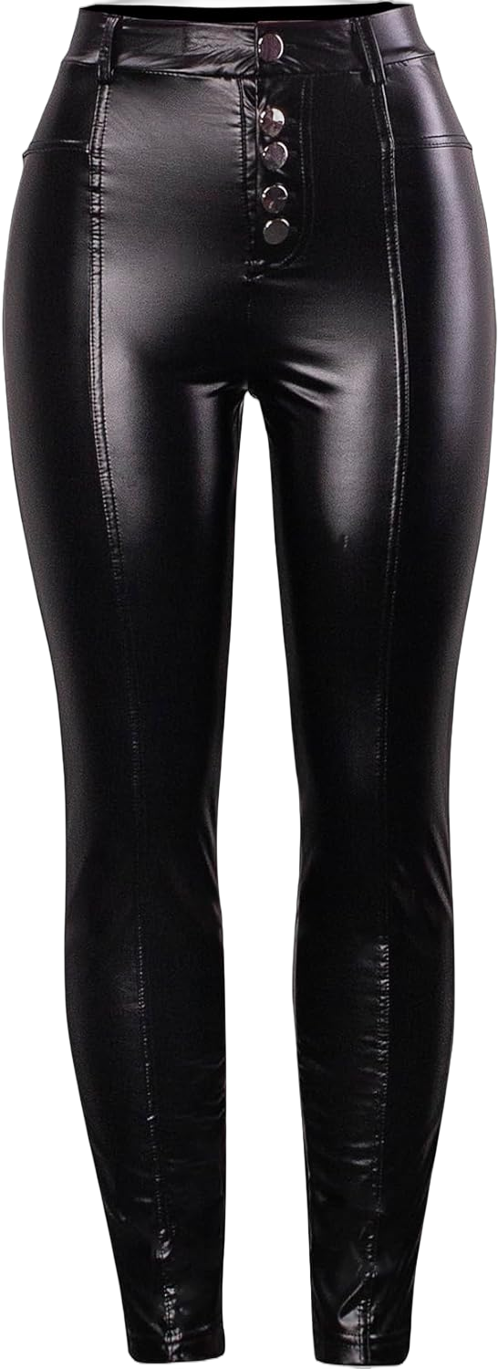 sedmoda Women Sexy Faux Leather Leggings High Waisted Button Stretchy Back Pockets PU Leather Pants Black, Medium