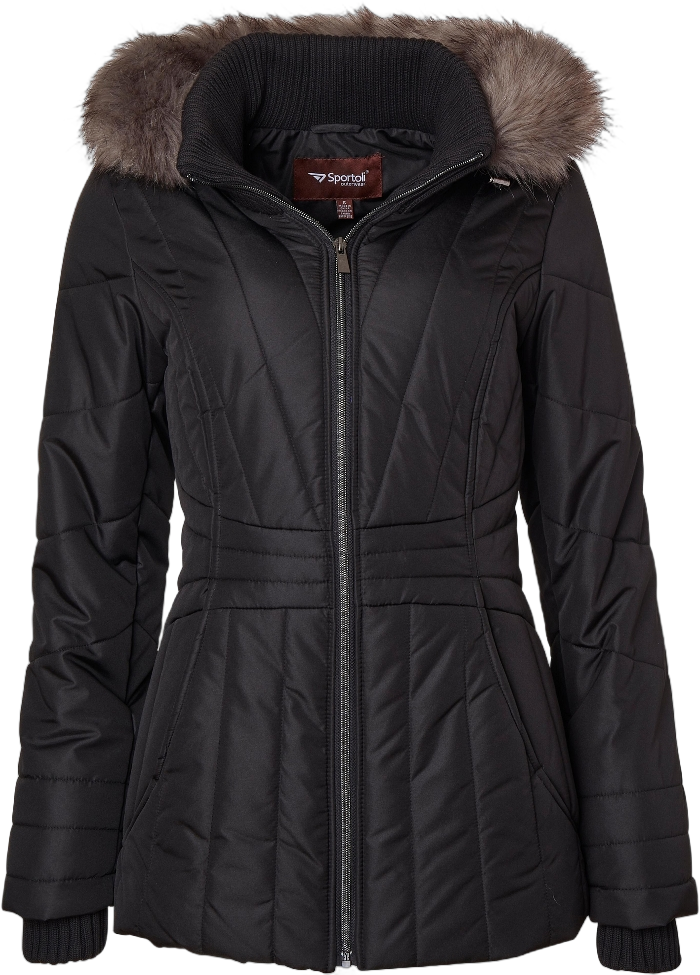 Sportoli Womens Winter Coat Faux Fur Trim Hooded Down Alternative Puffer Jacket - Black (2X)