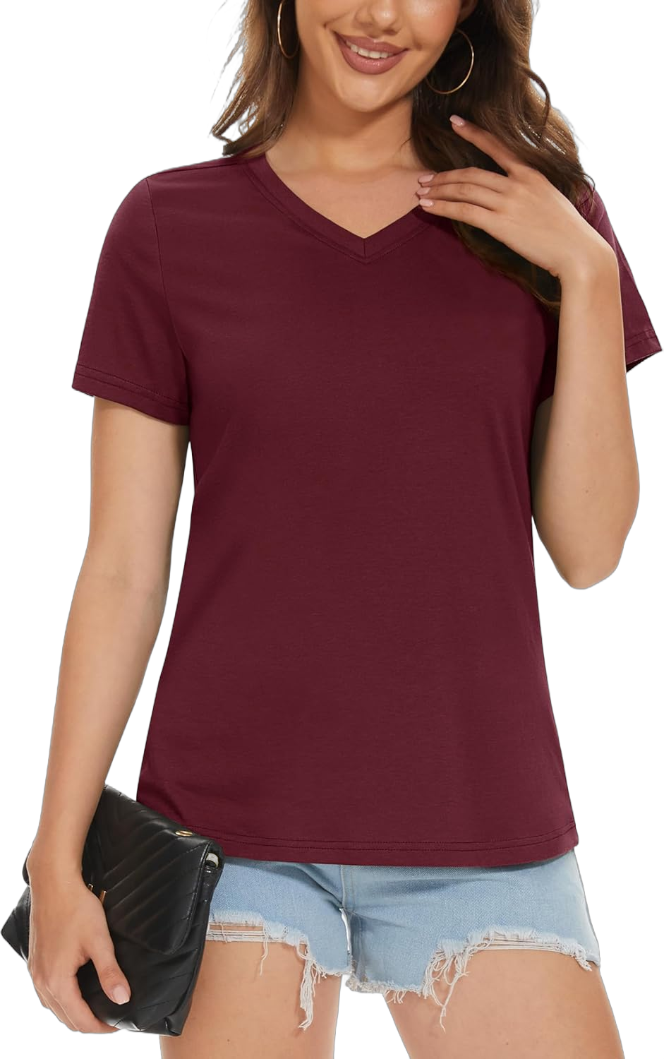 MAGCOMSEN Women's Cotton T Shirt V-Neck Short Sleeve Shirt Classic-Fit Casual Breathable Tee Summer Basic Tops XX-Large Wine Red