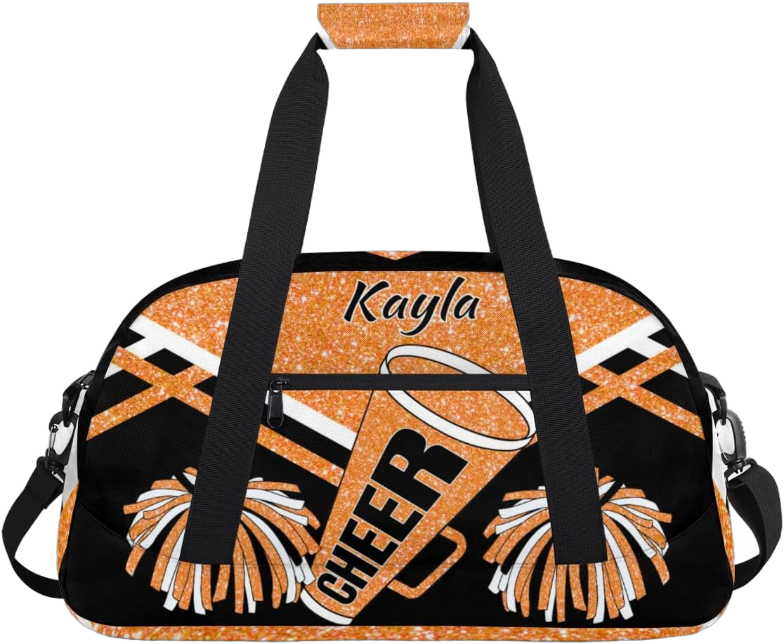 Personalized Girls Gym Cheerleading Bag Sport Duffle Bag, Custom Name Carry On Weekender Bag for Women Men Travel Vocation Business Trip, Orange Glitters Black Color 15