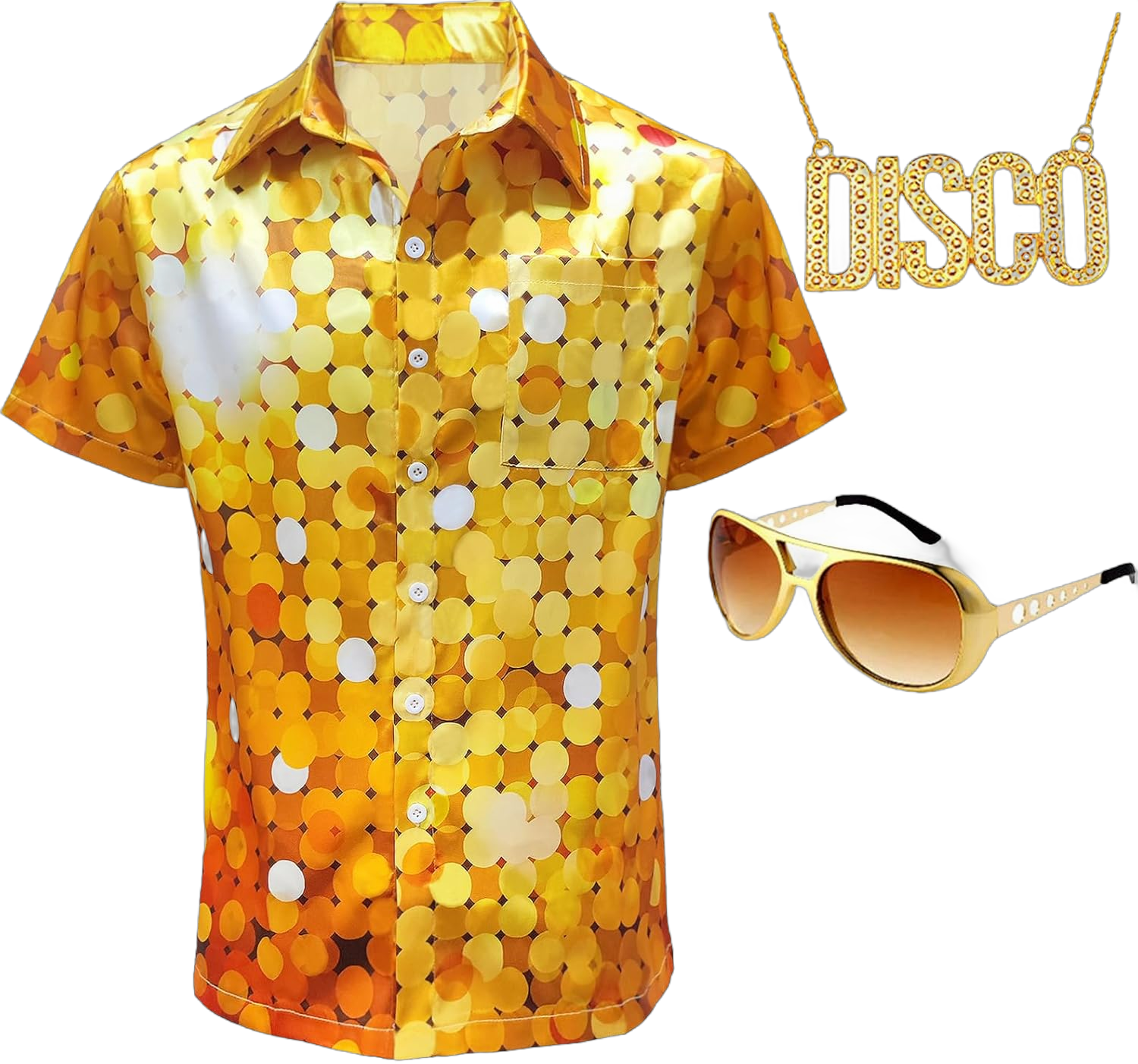 Men's 70's Disco Shirt Short Sleeve Vintage Button Up Polo Shirts Nightclub Party T-Shirts Tops Medium Gold