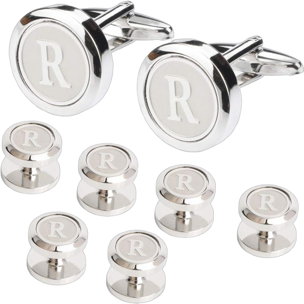 Mens Cufflinks and Studs Tuxedo Shirts Business Wedding Initials Alphabet A-Z Gift Set R