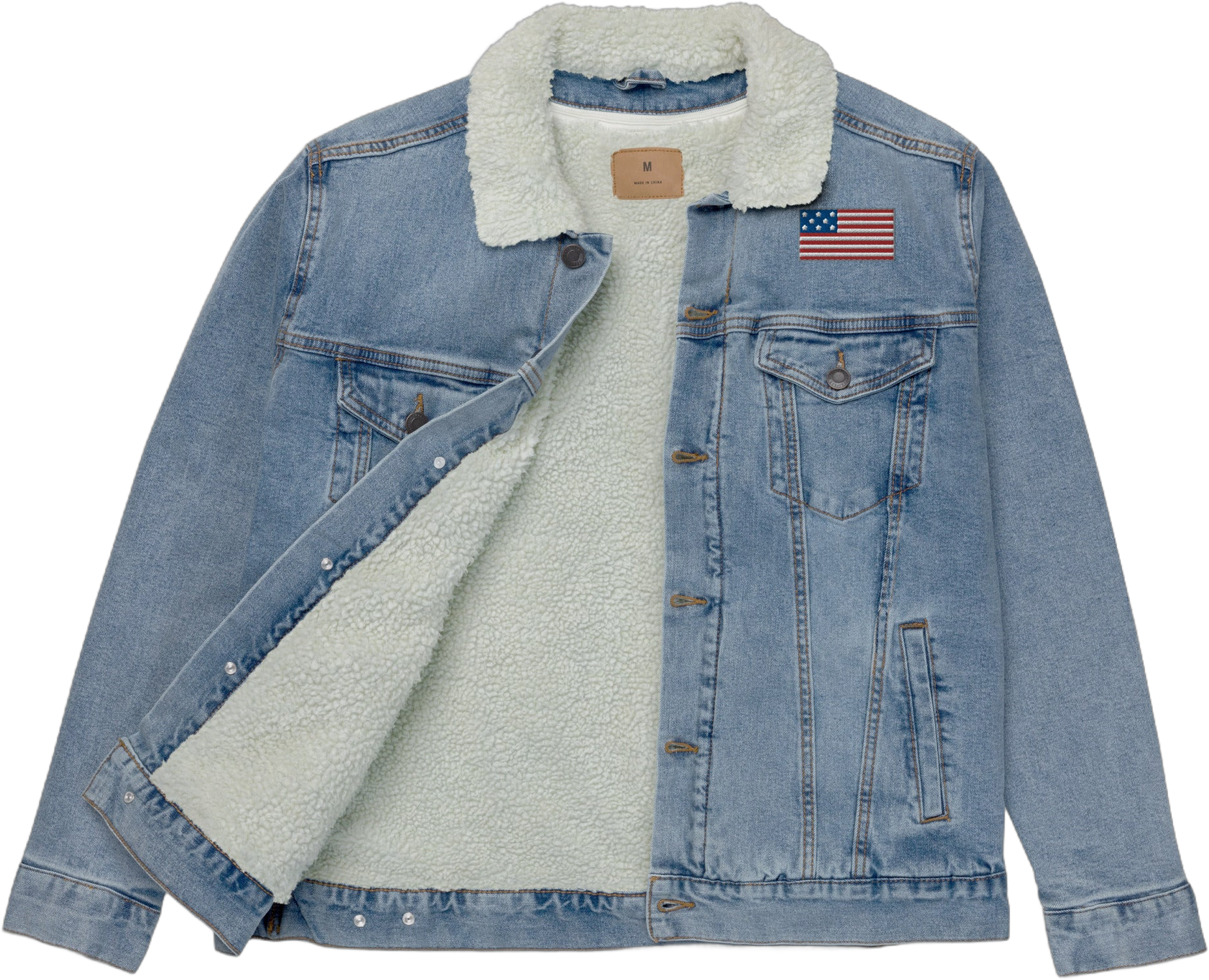 Unisex Classic Denim Sherpa Jacket American Flag Patch Never Goes Out of Style