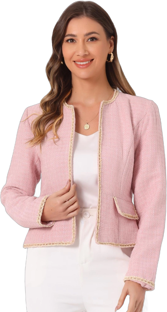 INSPIRE CHIC Women's Long Sleeve Open Front Work Office Short Plaid Tweed Blazer Light Pink X-Small