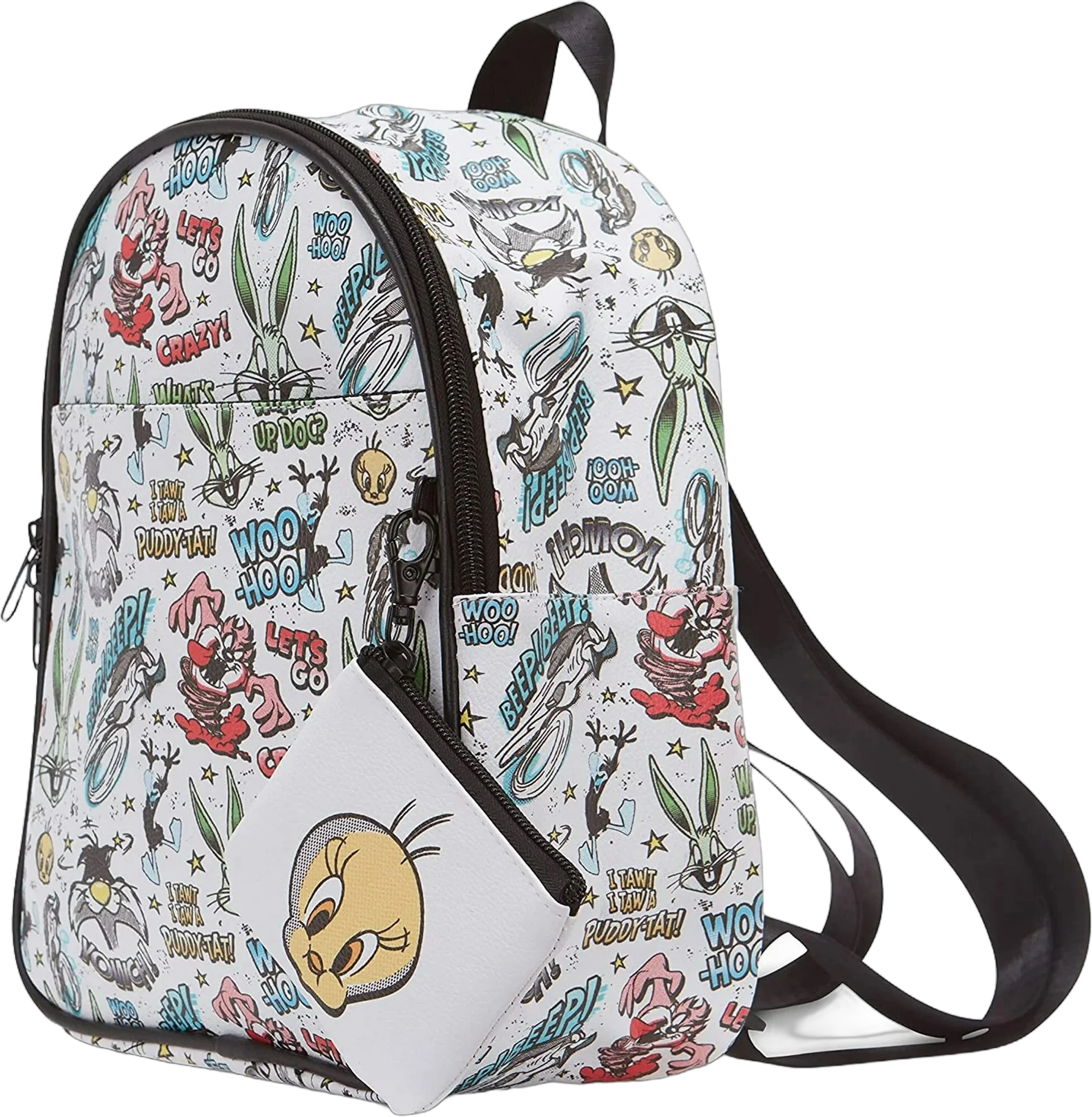 Looney Tunes All Over Print Faux Leather 10.5" Women’s White Mini Backpack Purse 2-Piece Set