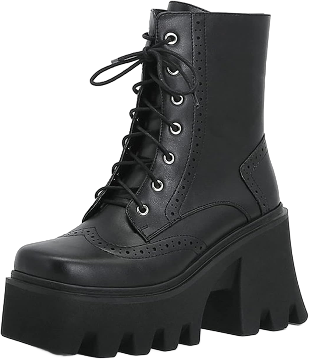 Women's Lace Up Ankle Boots Chunky Platform Wedge High Heel Short Boots Goth Punk Biker Military Combat Boots 6 Black