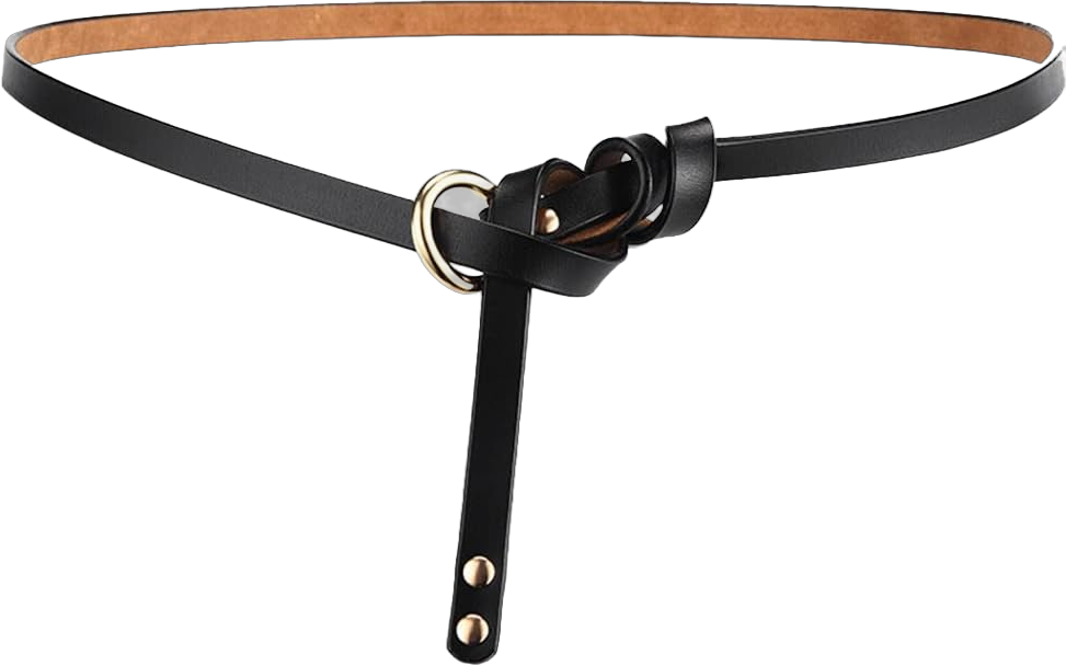 Women Genuine Leather Tie Golden Buckle Skinny Belt for Dresses Black