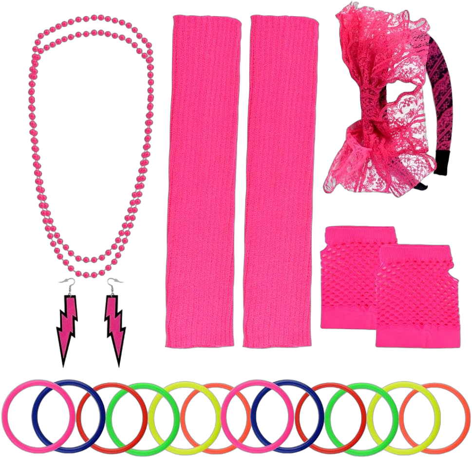 80s Women's Costume Accessories Set Headband Earrings Fishnet Gloves Leg Warmers Necklace Bracelet for Women 80s Party Rose Red