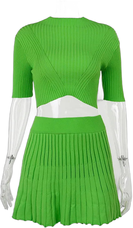 Women's Pit Stripe Knitted 2-Piece Set Short Sleeved High Collar Crop Top+High Waist Pleated Mini Skirt Spring Summer New 2022