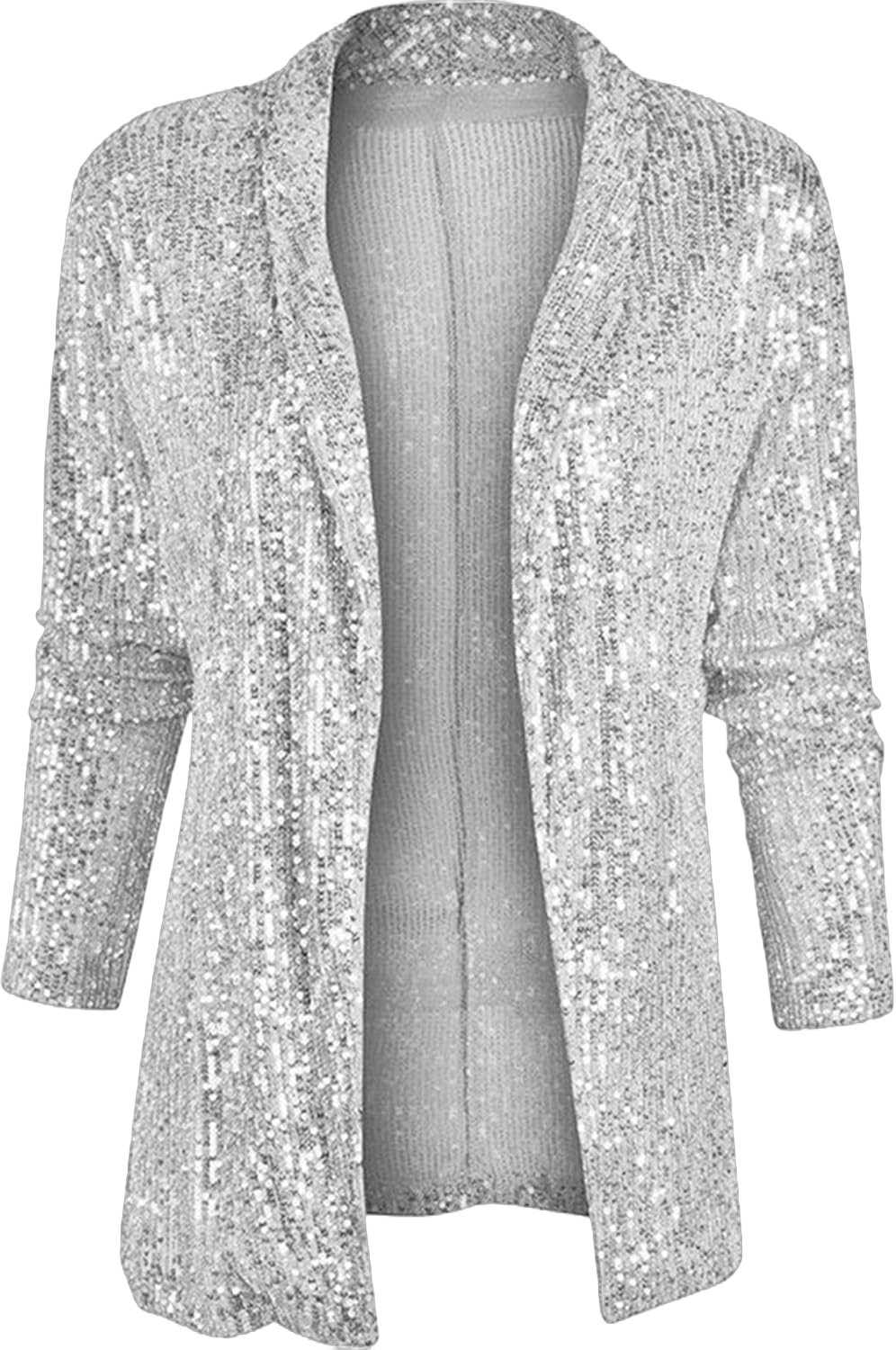 GRASWE Women's Sequin Shiny Blazers Open Front Blazer Long Sleeve Lapel Blazer X-Large Silver