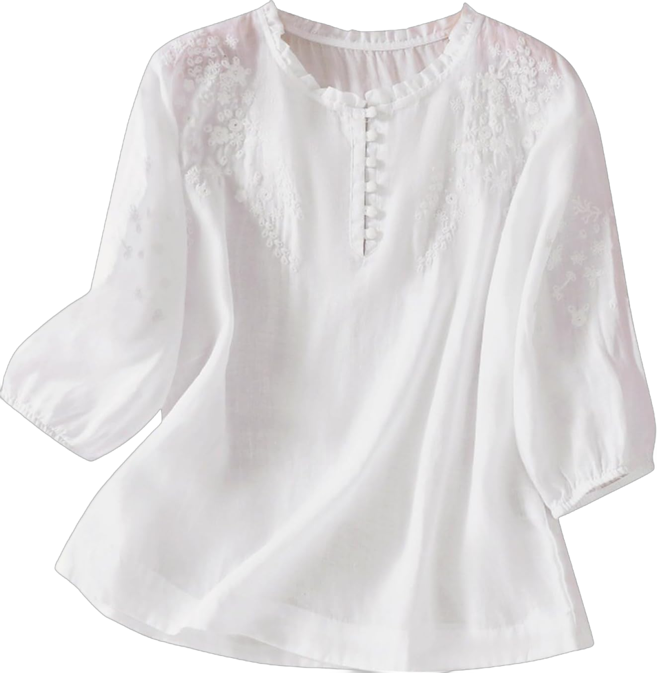 Women's 3/4 Sleeve Linen Shirts Vintage Lace Embroidery Gauze Tunic Blouse Lightweight Loose Hem Chiffon Tops A-08#white X-Large