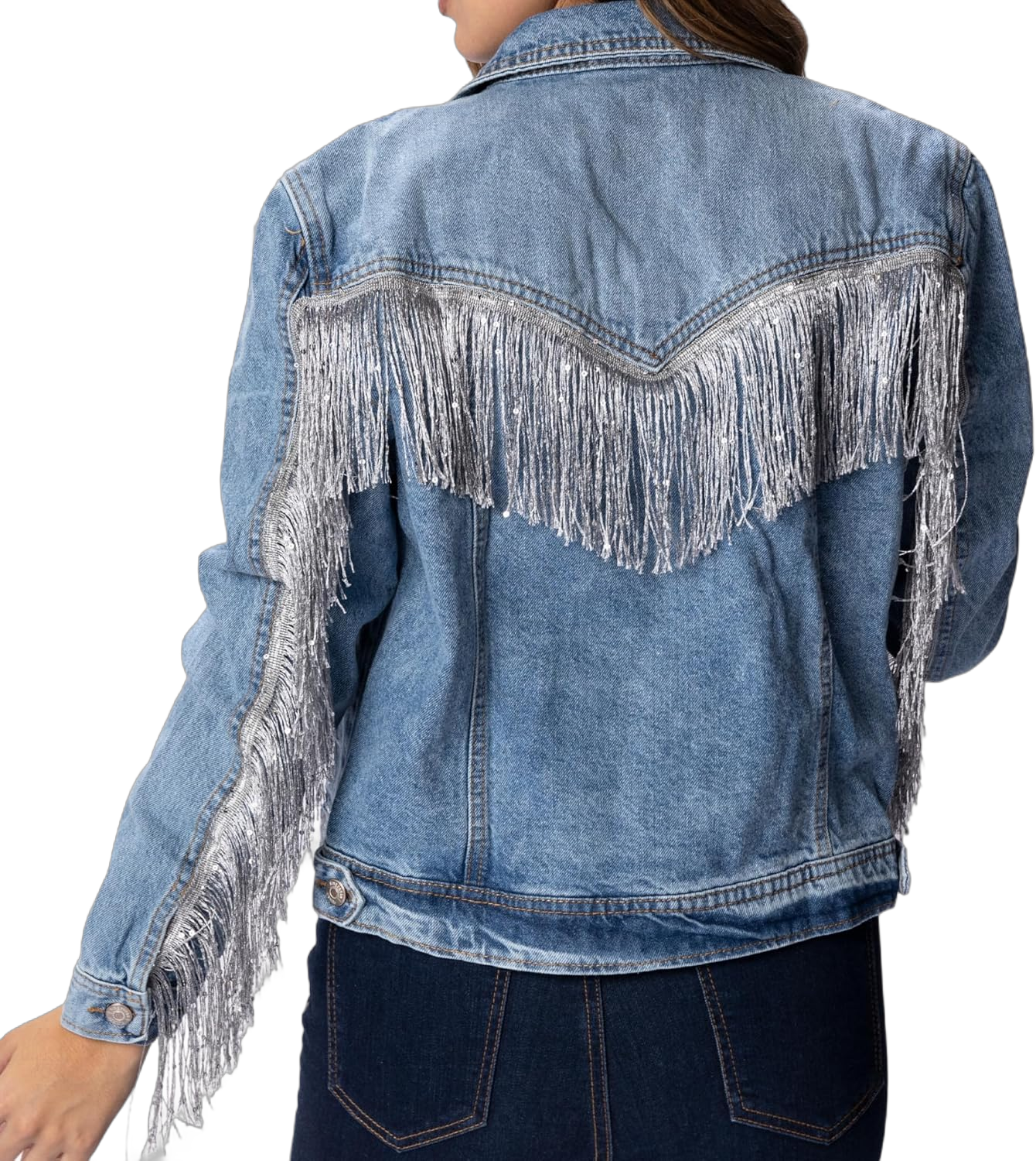 Women´s denim jacket Button up Denim Jacket Jean Jacket with pockets Fringe jean jacket Medium Midblue