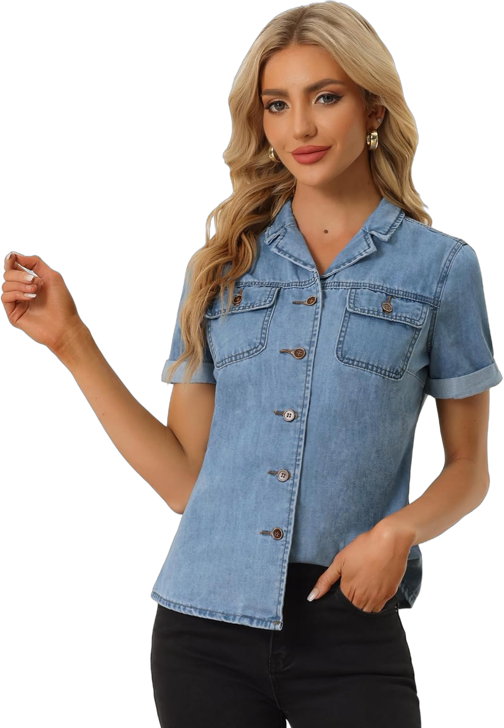 Allegra K Women's Denim Shirt Short Sleeve Button Down Notched Collar Western Pocket Classic Jean Shirt X-Large Light Blue