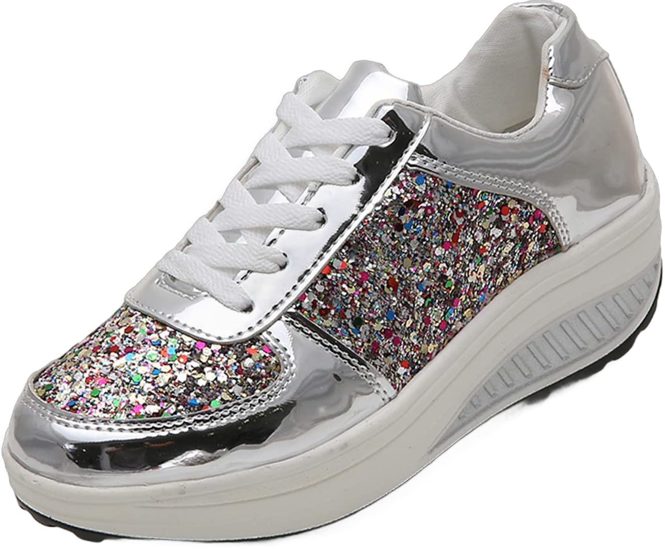 Women's Color Diamond Sequin Mirror Platform Sneakers,Fashion Low Top Lace Up Orthotic Arch Support Pain Relief Casual Shoes Sparkly Wedge Athletic Tennis Walking Running Shoes 7 Silver