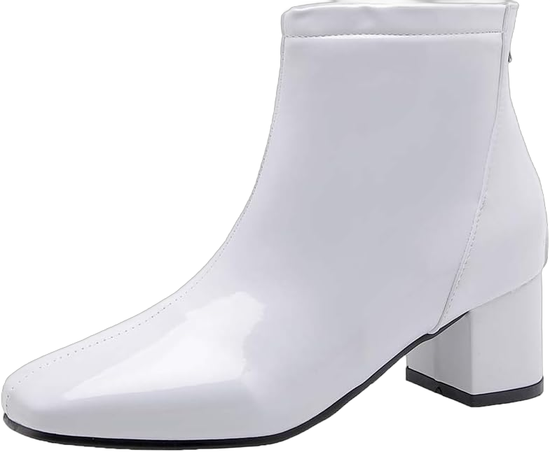 Women Ankle Booties Patent Leather Glossy Short Boots Square Toe Dress Shoes 11.5 White