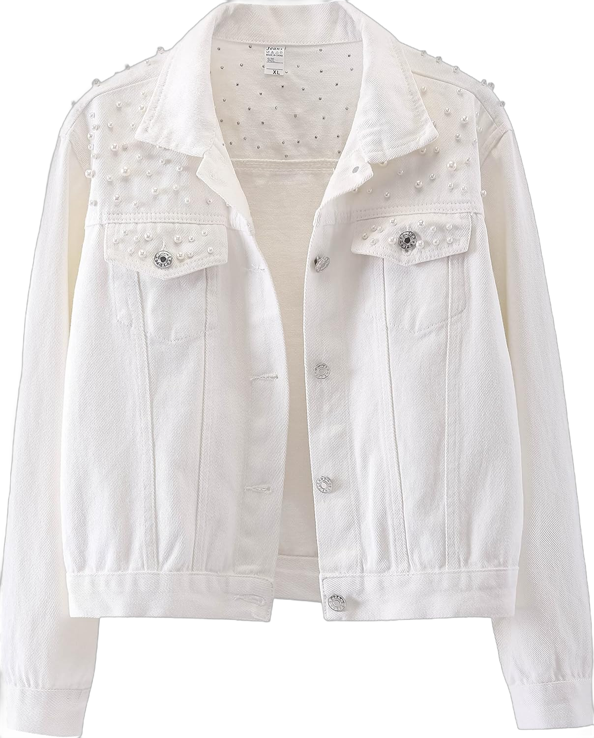 LifeShe Women's Embroidered Pearl Denim Jean Jacket Coat X-Large White