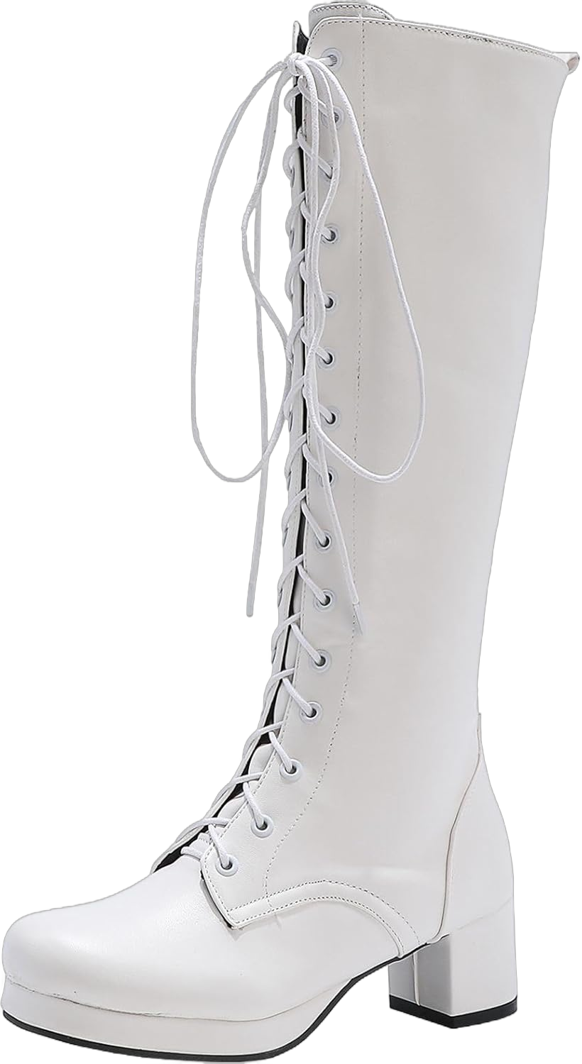 Seborluys Women Knee High Lace Up Boots Chunky Heel Combat Platform Knee Length Boot with Zipper 8 White