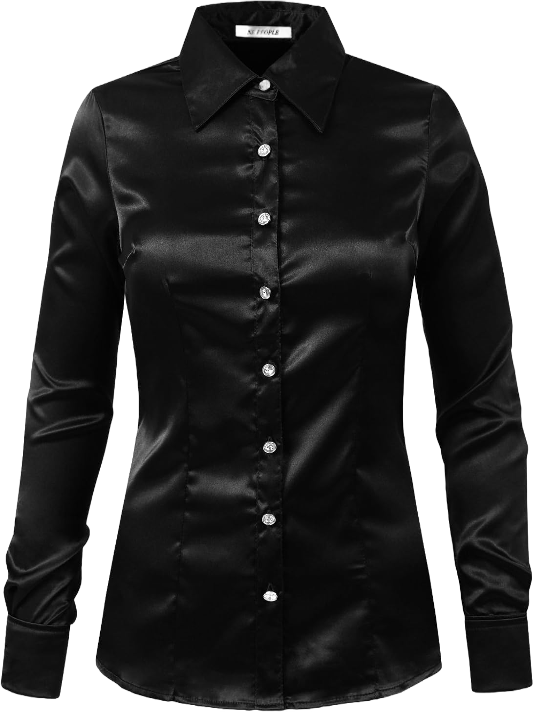 NE PEOPLE Womens Light Weight Long Cuff Sleeve Button Down Satin Shirt (S-3XL) XX-Large Black