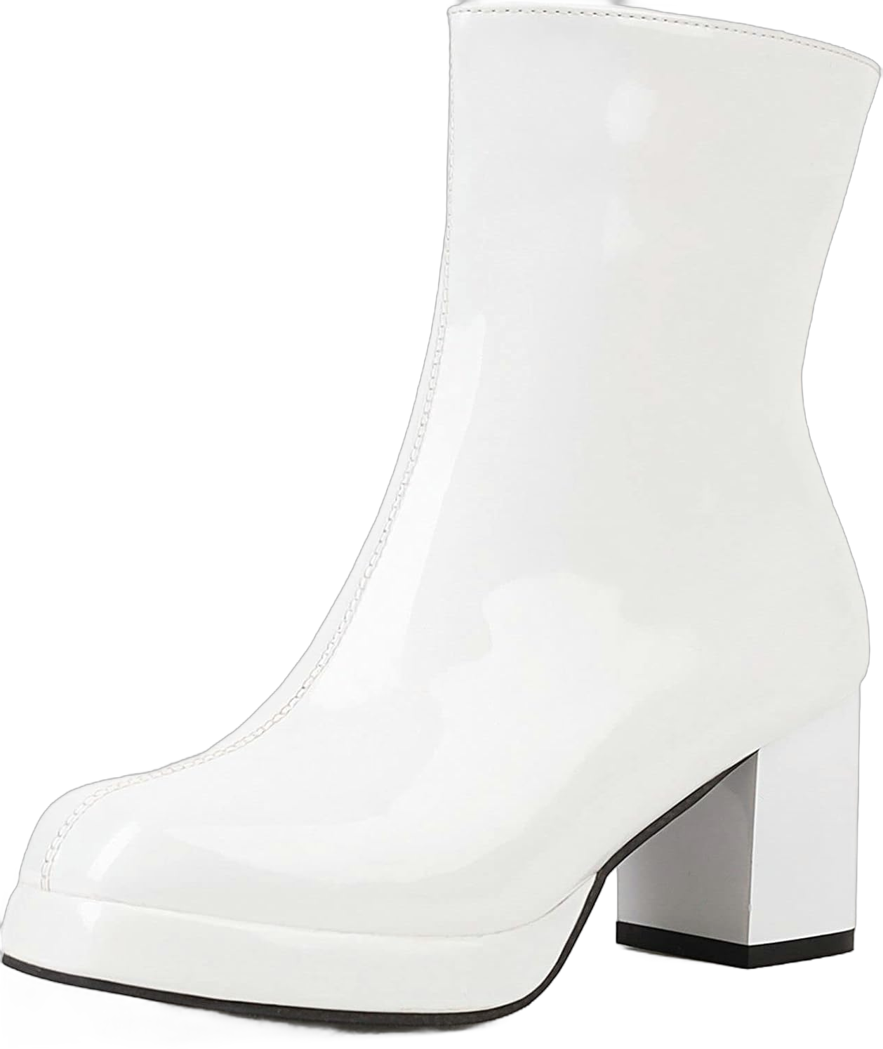 KysBloes Women Patent Leather GoGo Boots Square Toe Block Heel Ankle Boots Chunky Heel Zip Platform Booties 10.5 White