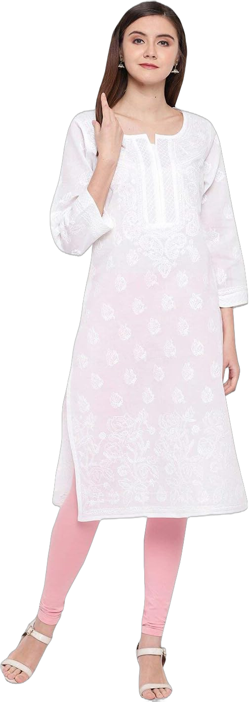 Ada Indian Hand Embroidered Women's Traditional Chikankari Cotton Kurta Kurti Tunic A220999 White X-Large