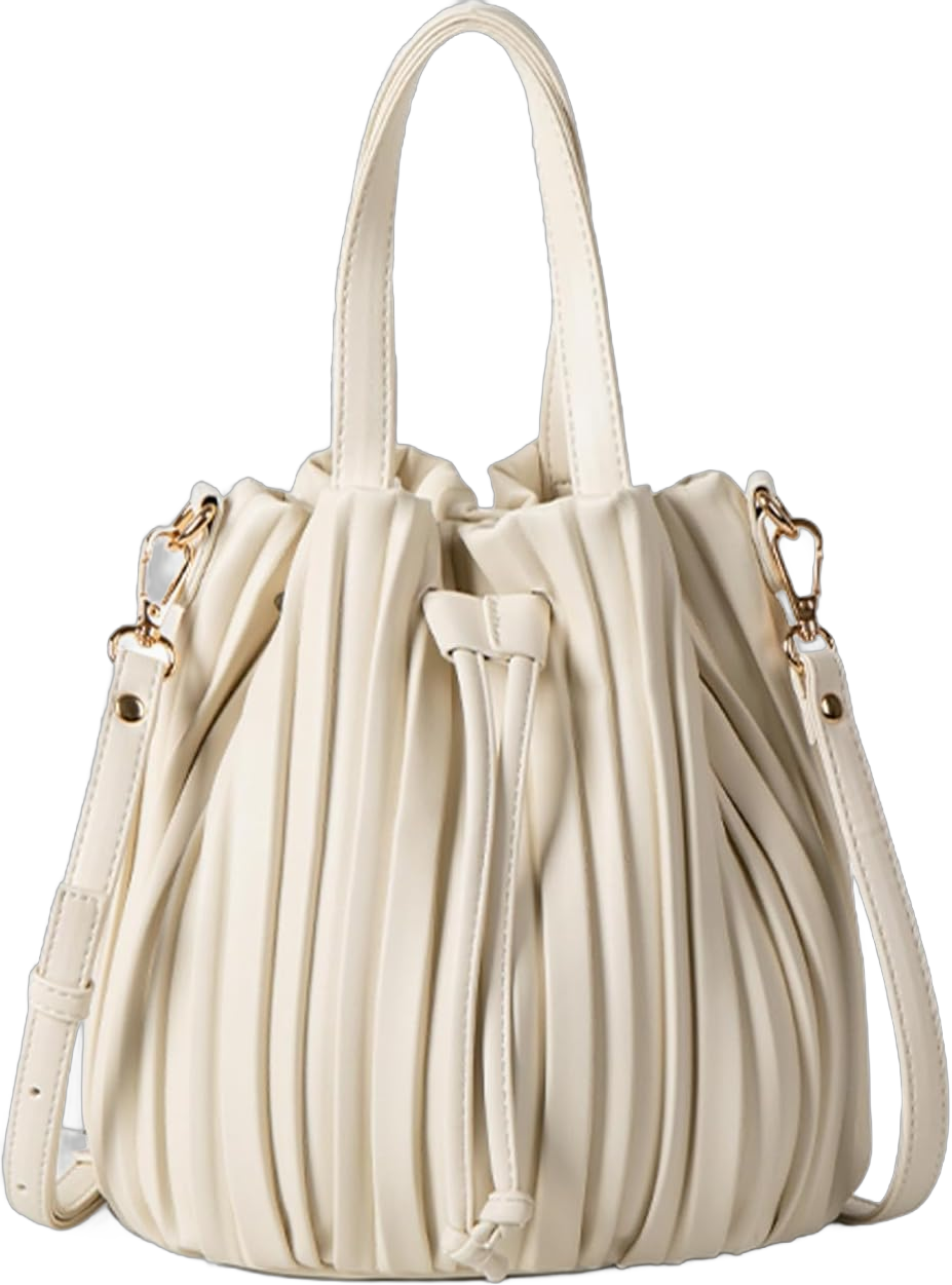 Bucket Bags for Women, Mini Leather Drawstring Crossbody Bucket Purses Pleated Shoulder Handbags Beige