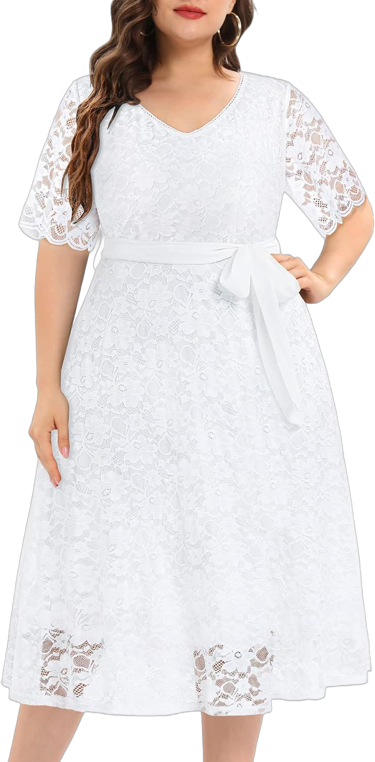 Women Plus Size Lace Bridal Shower Wedding Guest Cocktail Semi Formal V Neck Short Sleeve Midi Dresses 22 Plus White (Long Length)