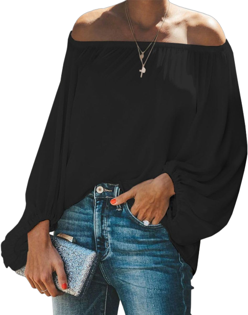 Women's Sexy Off Shoulder Blouses Top Smocked Lantern Long Sleeve Chiffon Shirt Pullover Casual Loose Tunics Tops Small Black