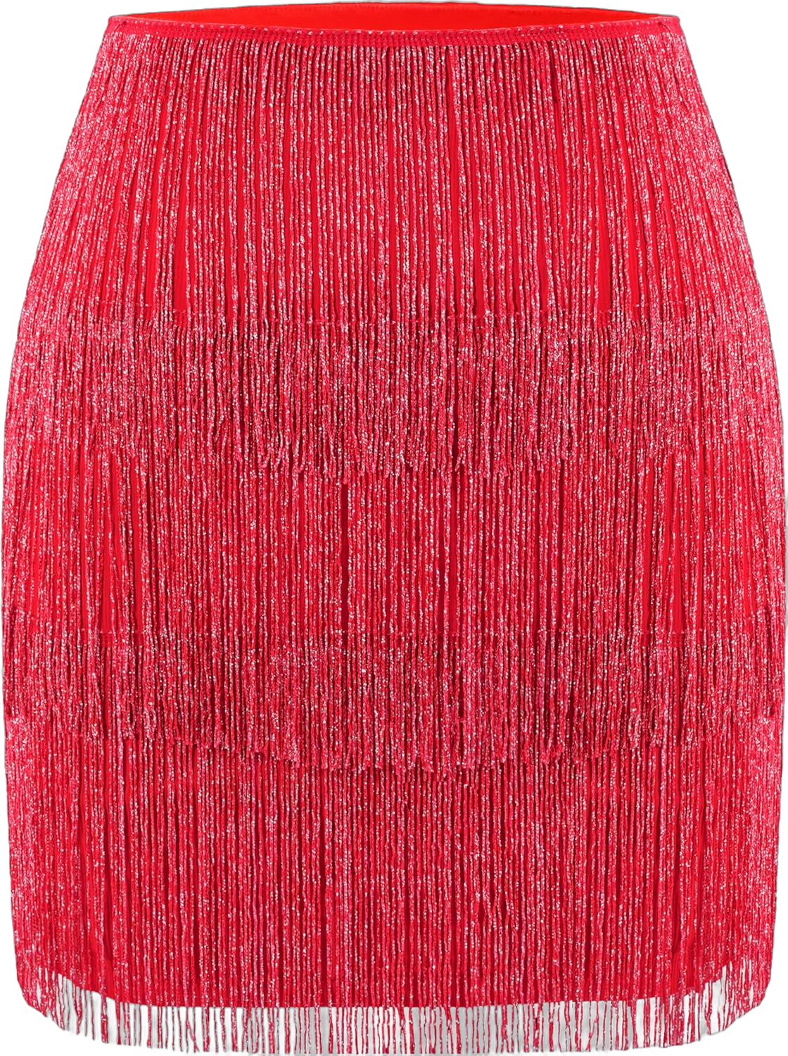 MANER Women’s Fringe Skirt Stretchy Sparkly Bodycon Tassel Trim Mini Skirt XX-Large Sparkly Red