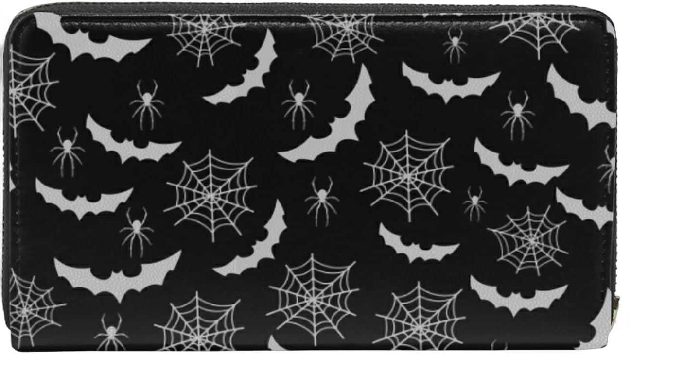 Spider Web Bats Halloween Women’s Zip Around Long Wallets Pu Leather Travel Card Holder Purse - Clutch Coin Purse Card Holder Organizer (A-13)