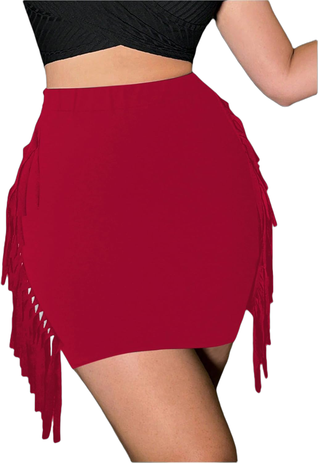 SOFIA'S CHOICE Women's Sexy Fringe Side Tassels High Waisted Bodycon Pencil Mini Skirt Red Small